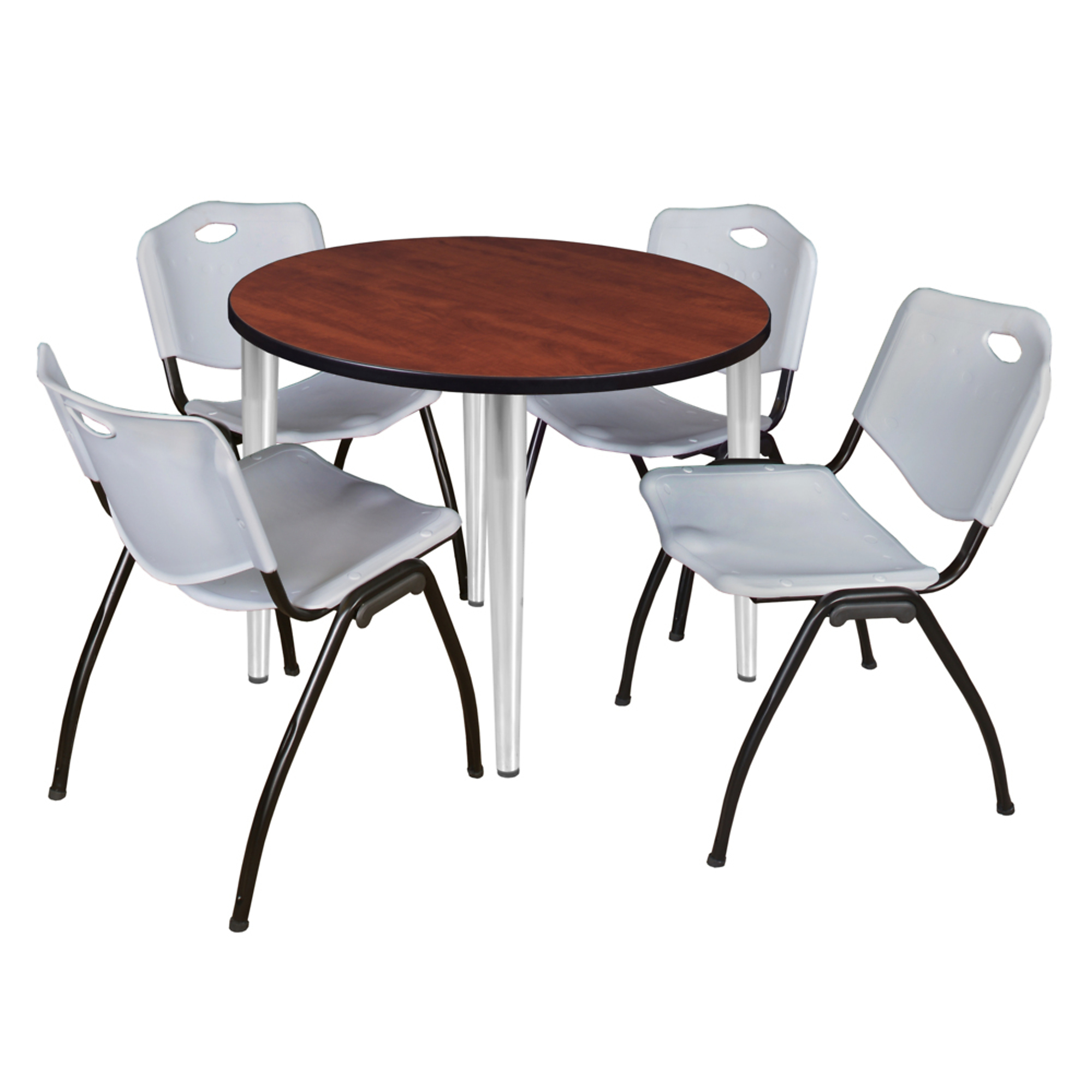 Regency Kahlo 42in. Round Breakroom Table — Cherry Top, Chrome Base, Includes 4 Grey M Stack Chairs, Model# TPL42RNDCHCM47GY